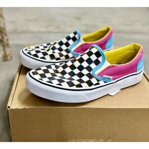 Vans Slip-On Crazy Check Checkerboard Pink Blue Yellow Skate Sneakers Sz M8/W9.5